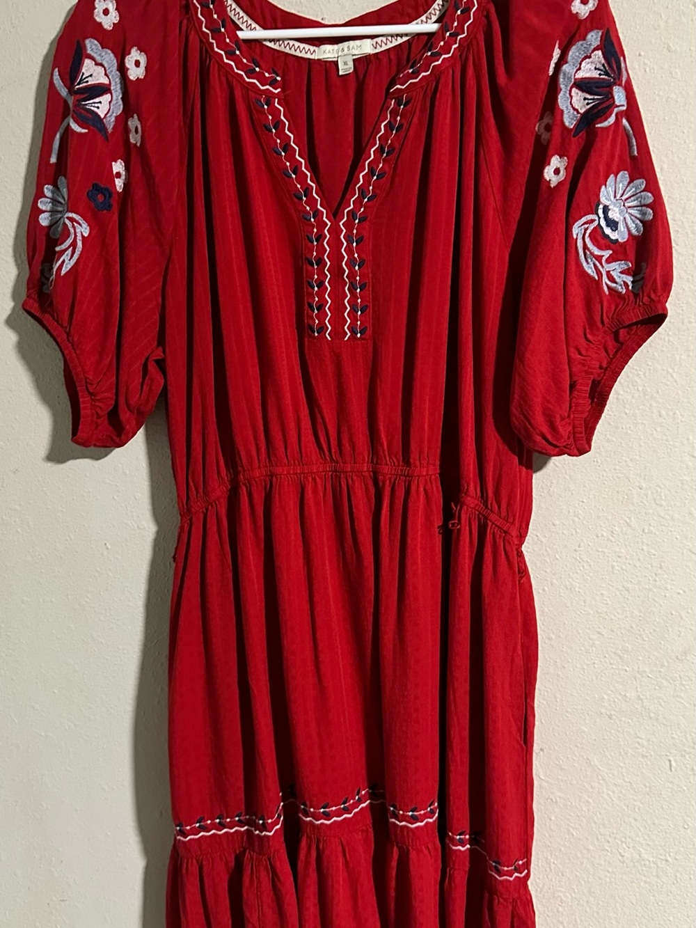 Kate & Sam Red Boho Embroidered Midi Dress with Puff Sleeves